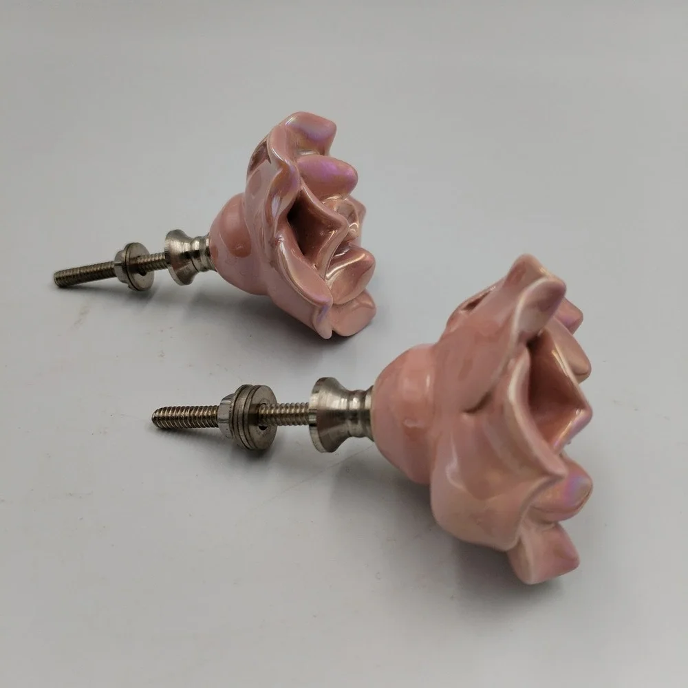 Set of 10 Vintage Pink Iridescent Ceramic Rose Cabinet Knobs Shabby Chic Flower